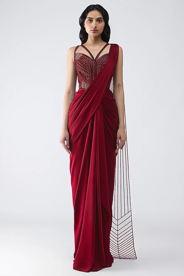 Ruby Red Polyester & Poly Silk Draped Reception Saree Set by Amit Aggarwal at Pernia's Pop Up Shop