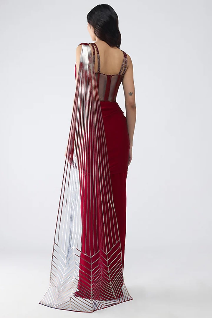 Ruby Red Polyester & Poly Silk Draped Reception Saree Set by Amit Aggarwal at Pernia's Pop Up Shop
