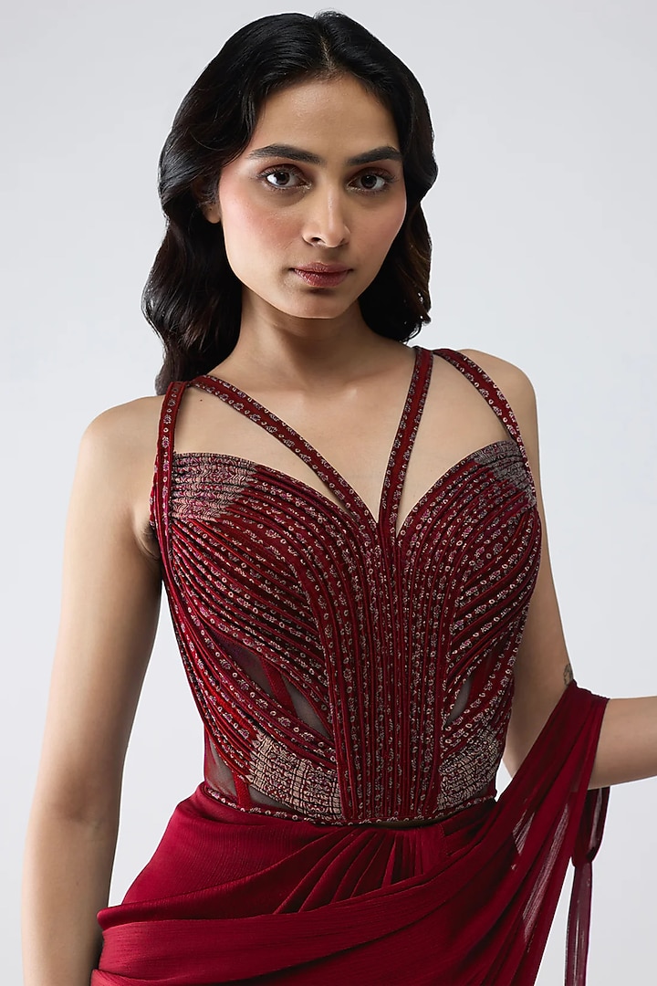 Ruby Red Polyester & Poly Silk Draped Reception Saree Set by Amit Aggarwal at Pernia's Pop Up Shop