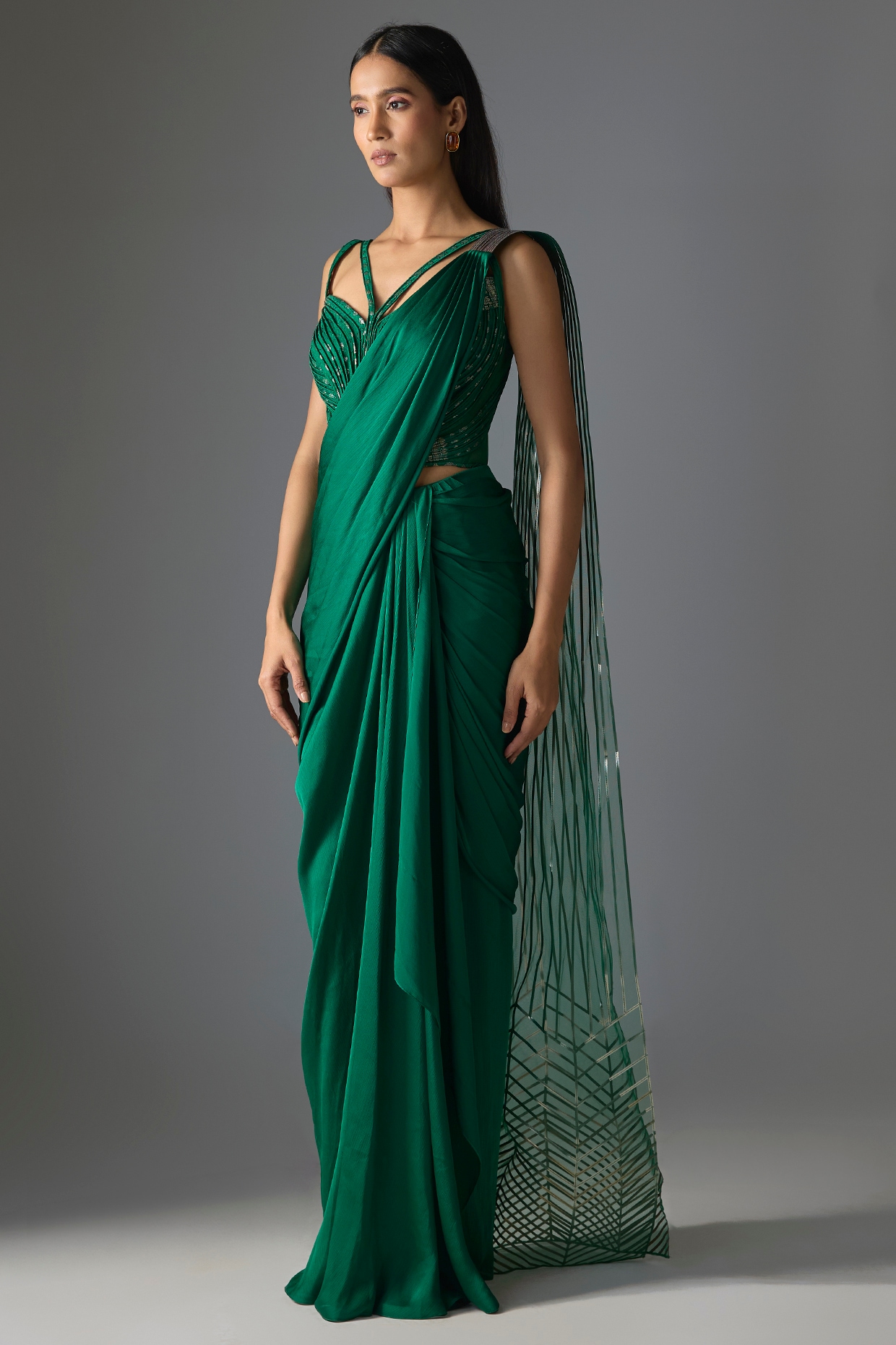 Amit Aggarwal Emerald Green Polyester & Poly Silk Draped Saree Set