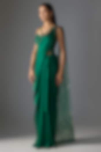 Emerald Green Polyester & Poly Silk Draped Reception Saree Set by Amit Aggarwal at Pernia's Pop Up Shop