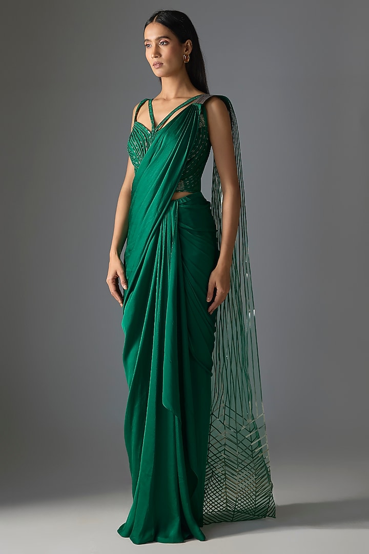 Emerald Green Polyester & Poly Silk Draped Reception Saree Set by Amit Aggarwal at Pernia's Pop Up Shop