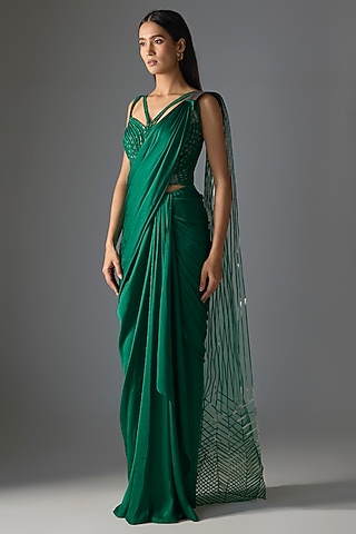 Emerald Green Polyester & Poly Silk Draped Saree Set by Amit Aggarwal