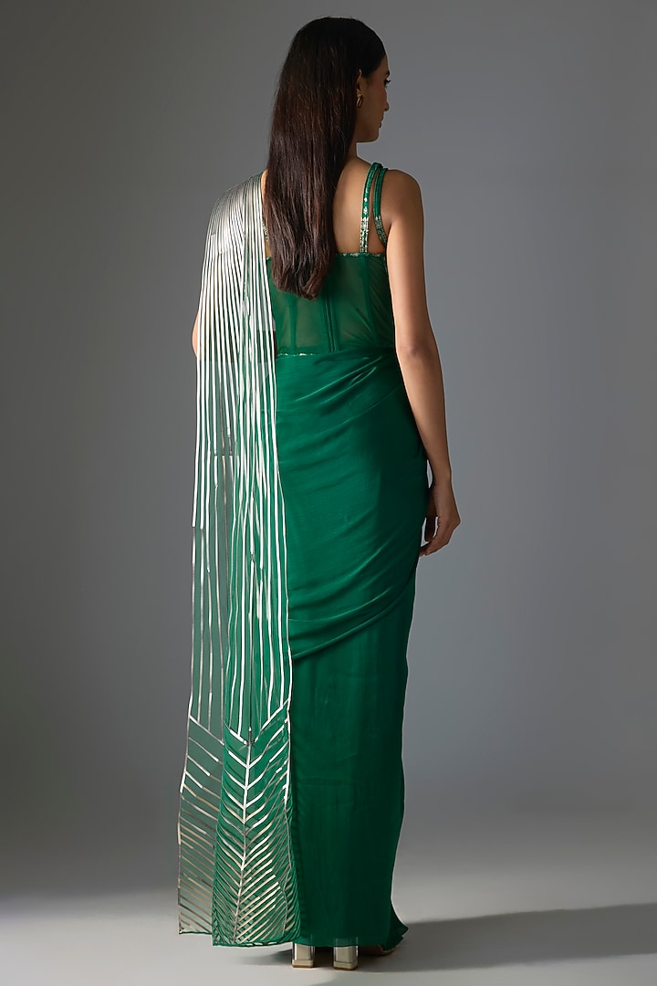 Emerald Green Polyester & Poly Silk Draped Reception Saree Set by Amit Aggarwal at Pernia's Pop Up Shop