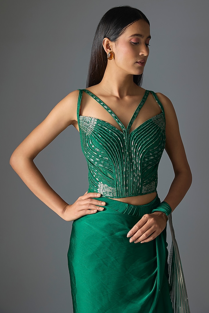 Emerald Green Polyester & Poly Silk Draped Reception Saree Set by Amit Aggarwal at Pernia's Pop Up Shop