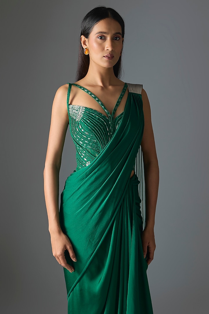 Emerald Green Polyester & Poly Silk Draped Reception Saree Set by Amit Aggarwal at Pernia's Pop Up Shop