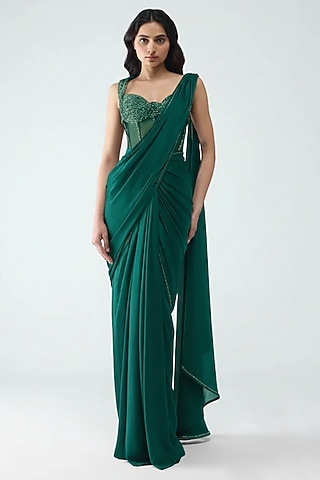 Emerald Banarasi & Butterfly Net Draped Saree Set by Amit Aggarwal