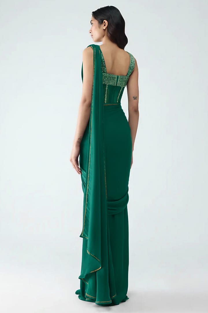 Emerald Banarasi & Butterfly Net Draped Reception Saree Set by Amit Aggarwal at Pernia's Pop Up Shop