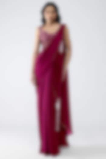 Garnet Satin Chiffon Draped Reception Saree Set by Amit Aggarwal at Pernia's Pop Up Shop