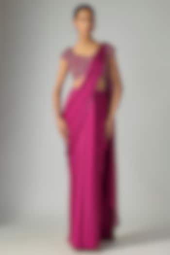 Garnet Chiffon Draped Reception Saree Set by Amit Aggarwal at Pernia's Pop Up Shop