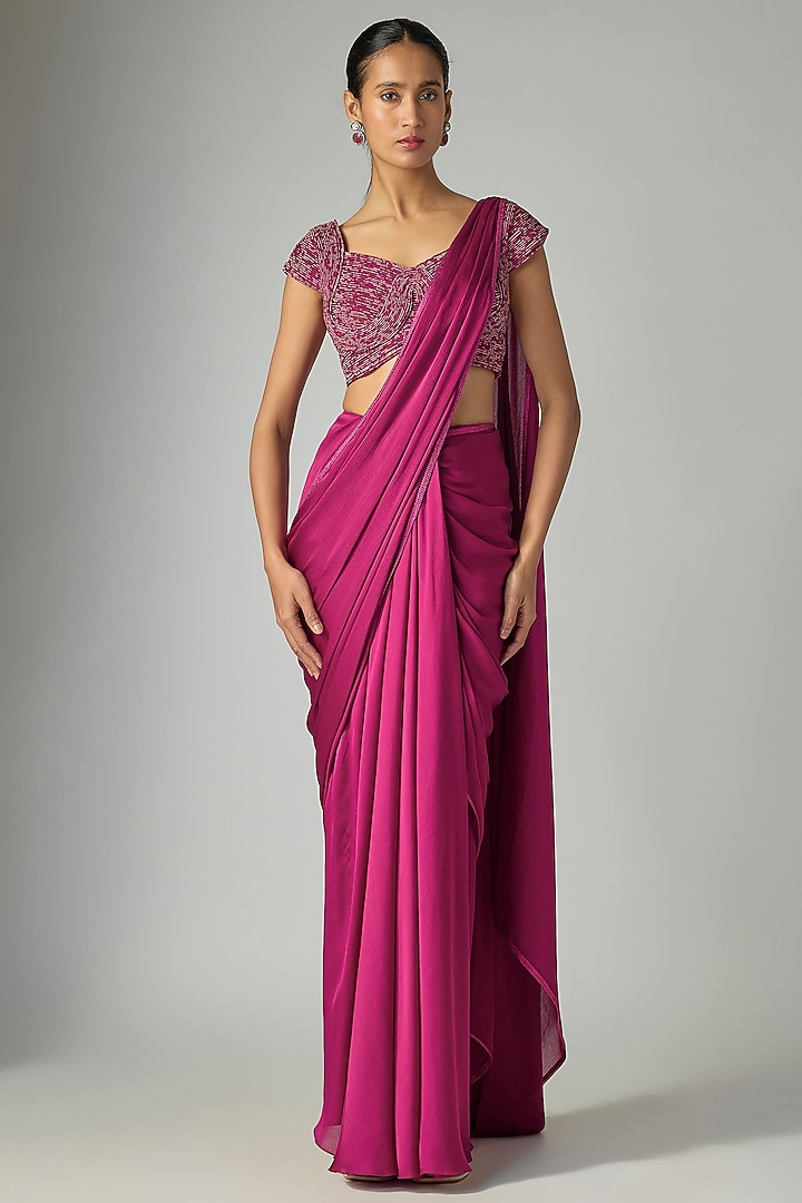 Garnet Chiffon Draped Reception Saree Set by Amit Aggarwal at Pernia's Pop Up Shop