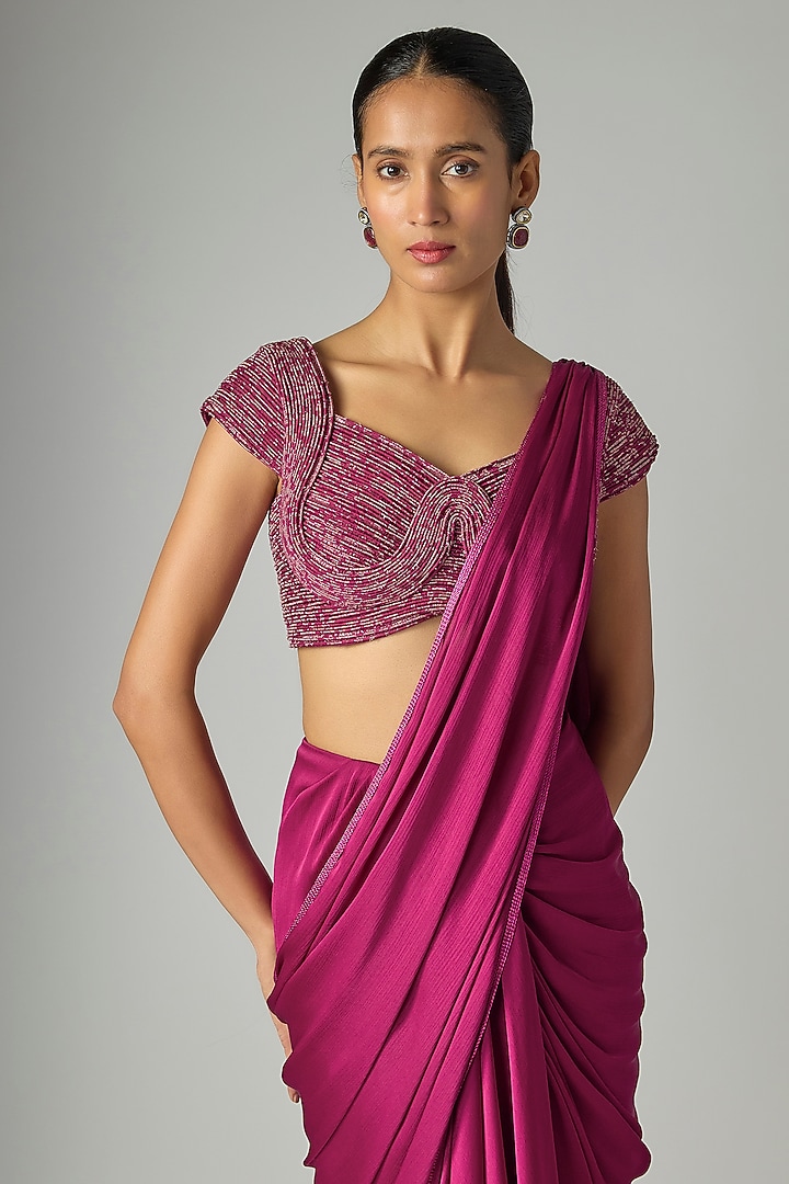 Garnet Chiffon Draped Reception Saree Set by Amit Aggarwal at Pernia's Pop Up Shop