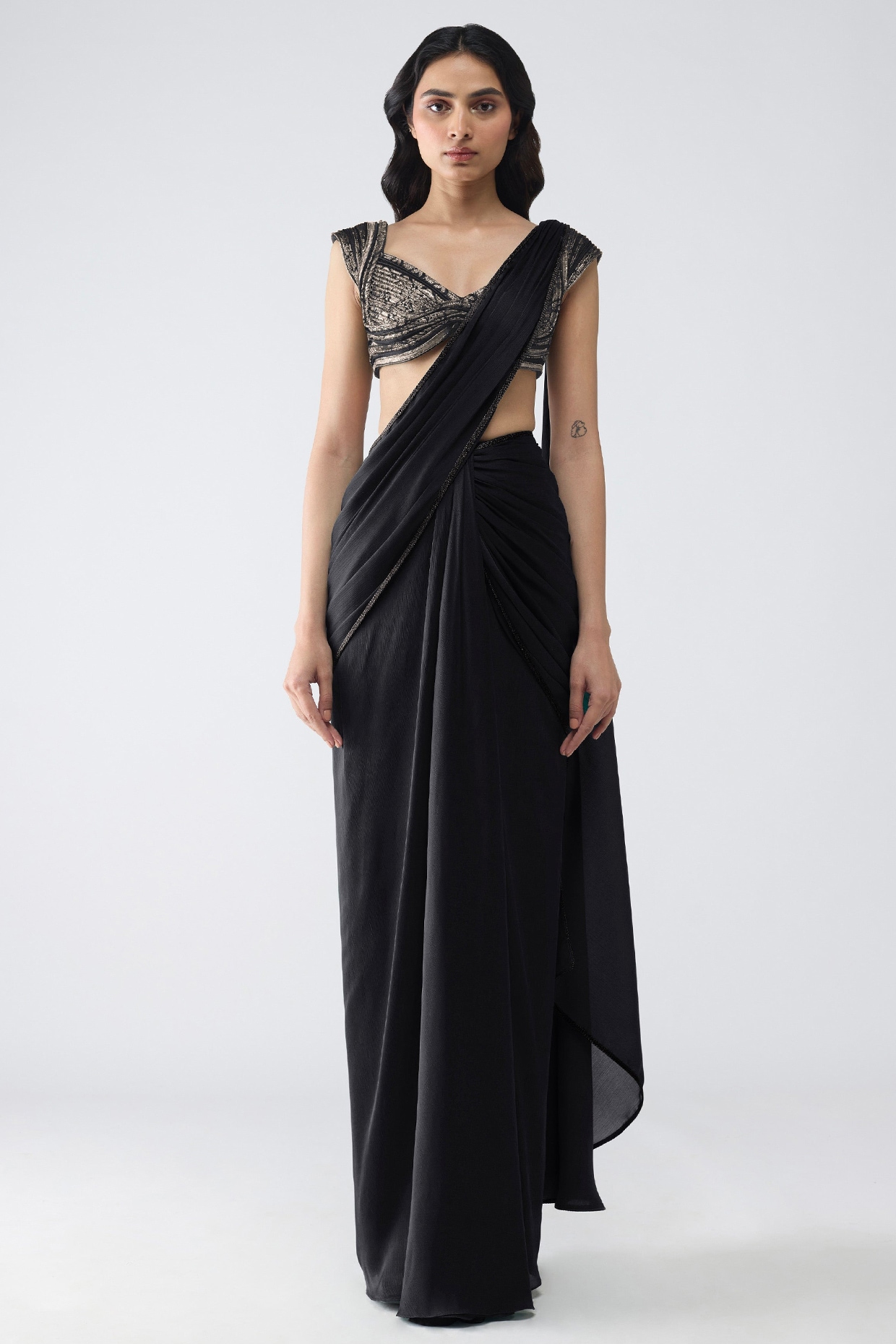 Amit Aggarwal Onyx Black Chiffon Draped Saree Set