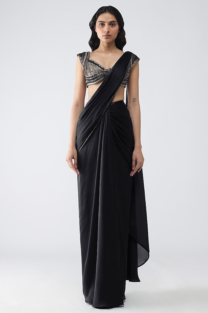 Onyx Black Chiffon Draped Reception Saree Set by Amit Aggarwal at Pernia's Pop Up Shop