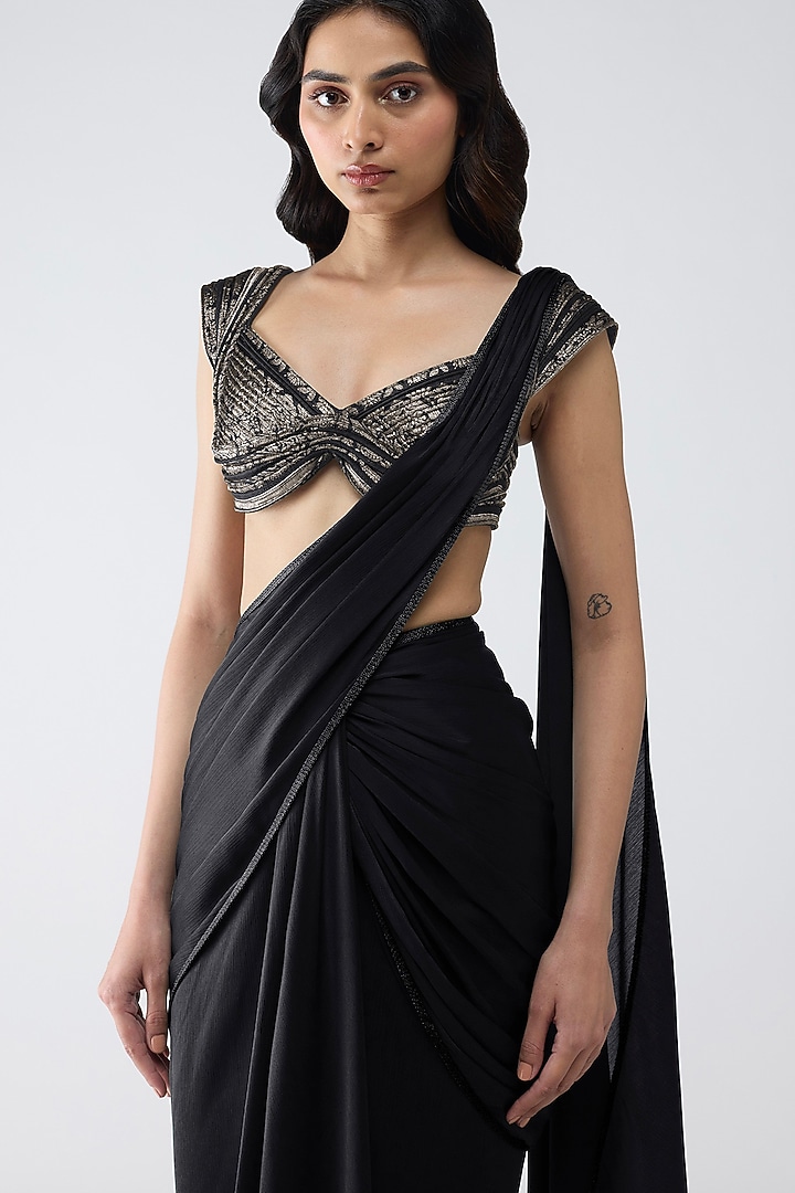 Onyx Black Chiffon Draped Reception Saree Set by Amit Aggarwal at Pernia's Pop Up Shop