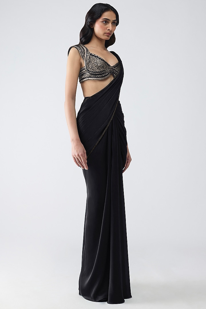 Onyx Black Chiffon Draped Reception Saree Set by Amit Aggarwal at Pernia's Pop Up Shop