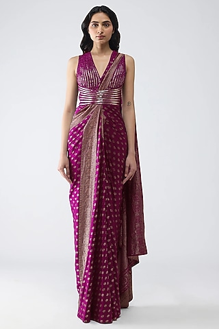 Garnet-Colored Butterfly Net & Banarasi Woven Zari Gown Saree by Amit Aggarwal