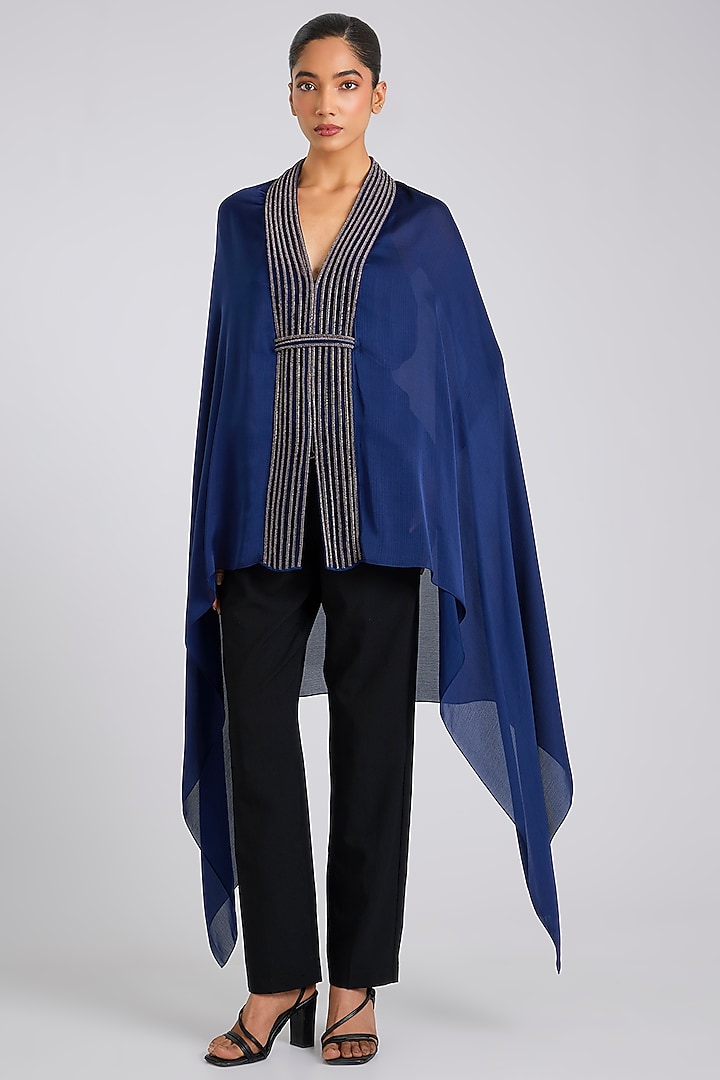 Ink Blue Satin Chiffon Cape by Amit Aggarwal at Pernia's Pop Up Shop