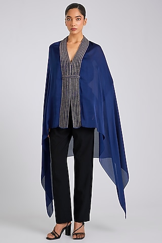 Ink Blue Satin Chiffon Cape by Amit Aggarwal