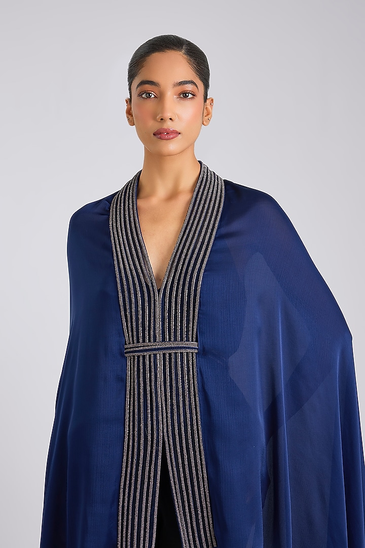 Ink Blue Satin Chiffon Cape by Amit Aggarwal at Pernia's Pop Up Shop