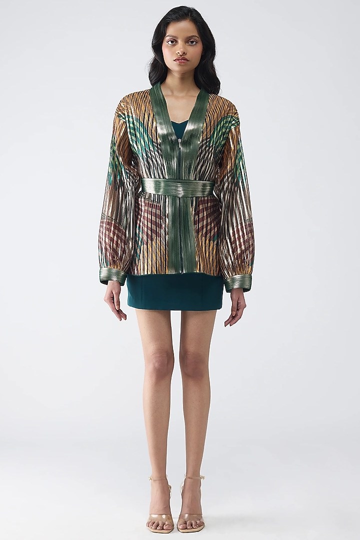 Emerald Banana Crepe & Butterfly Net Printed Jacket Party Wear Dress by Amit Aggarwal at Pernia's Pop Up Shop