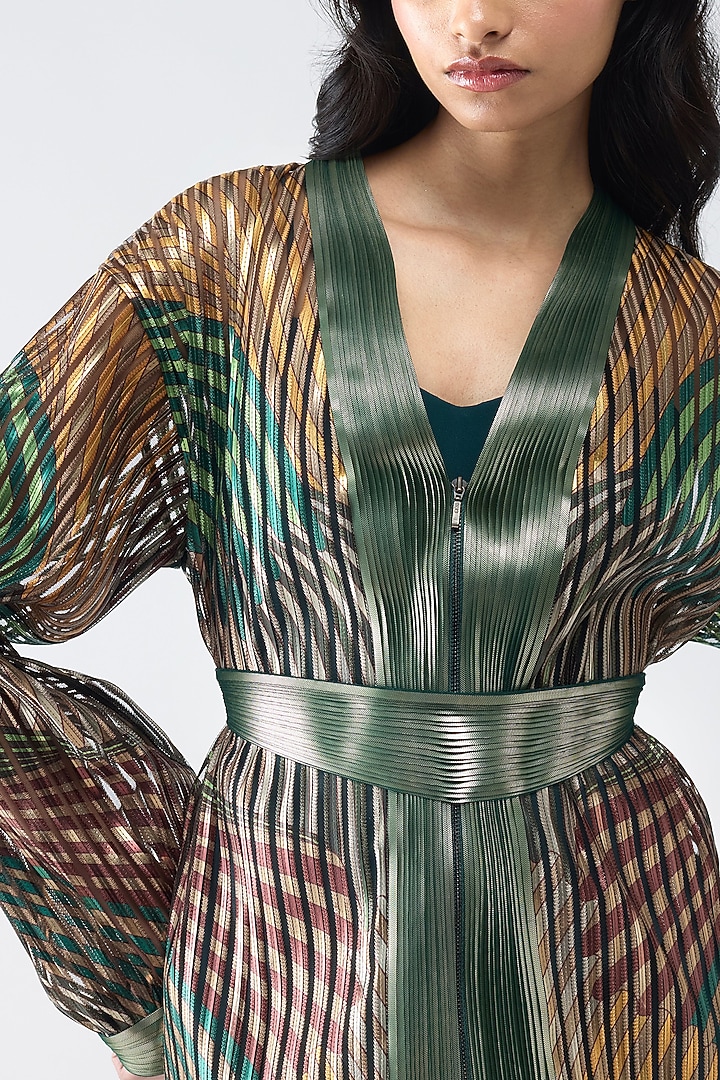 Emerald Banana Crepe & Butterfly Net Printed Jacket Party Wear Dress by Amit Aggarwal at Pernia's Pop Up Shop