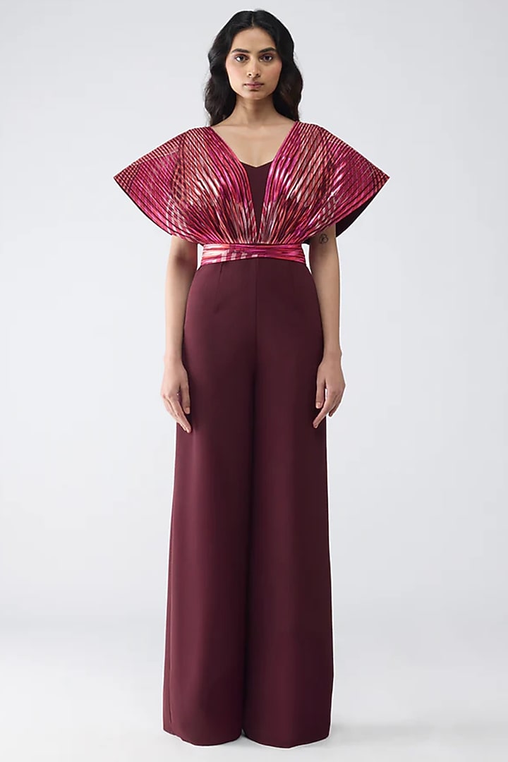 Plum Polyester & Nylon Jumpsuit by Amit Aggarwal at Pernia's Pop Up Shop