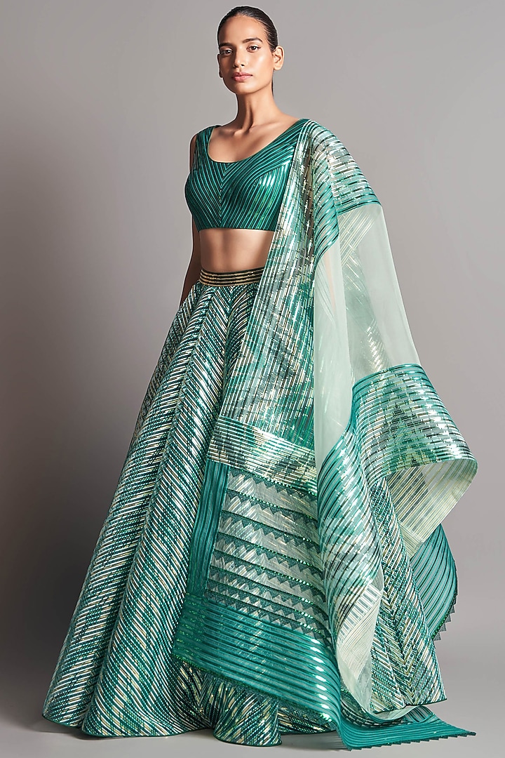 Green Striped Structured Lehenga Set by Amit Aggarwal