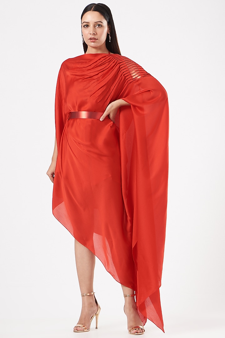 Red Crinkled Chiffon Draped Dress by Amit Aggarwal