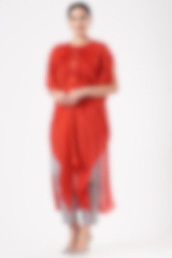 Red Crinkled Chiffon Draped Tunic by Amit Aggarwal at Pernia's Pop Up Shop