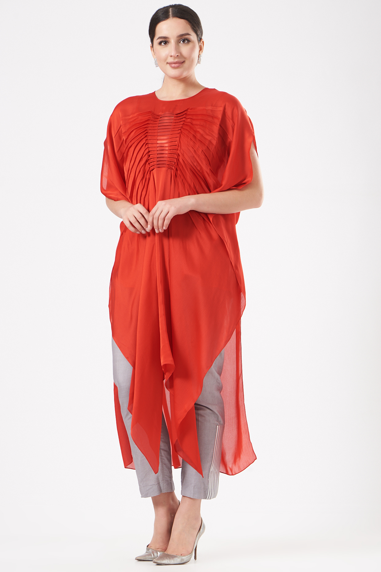 Red Crinkled Chiffon Draped Tunic by Amit Aggarwal at Pernia's Pop Up Shop