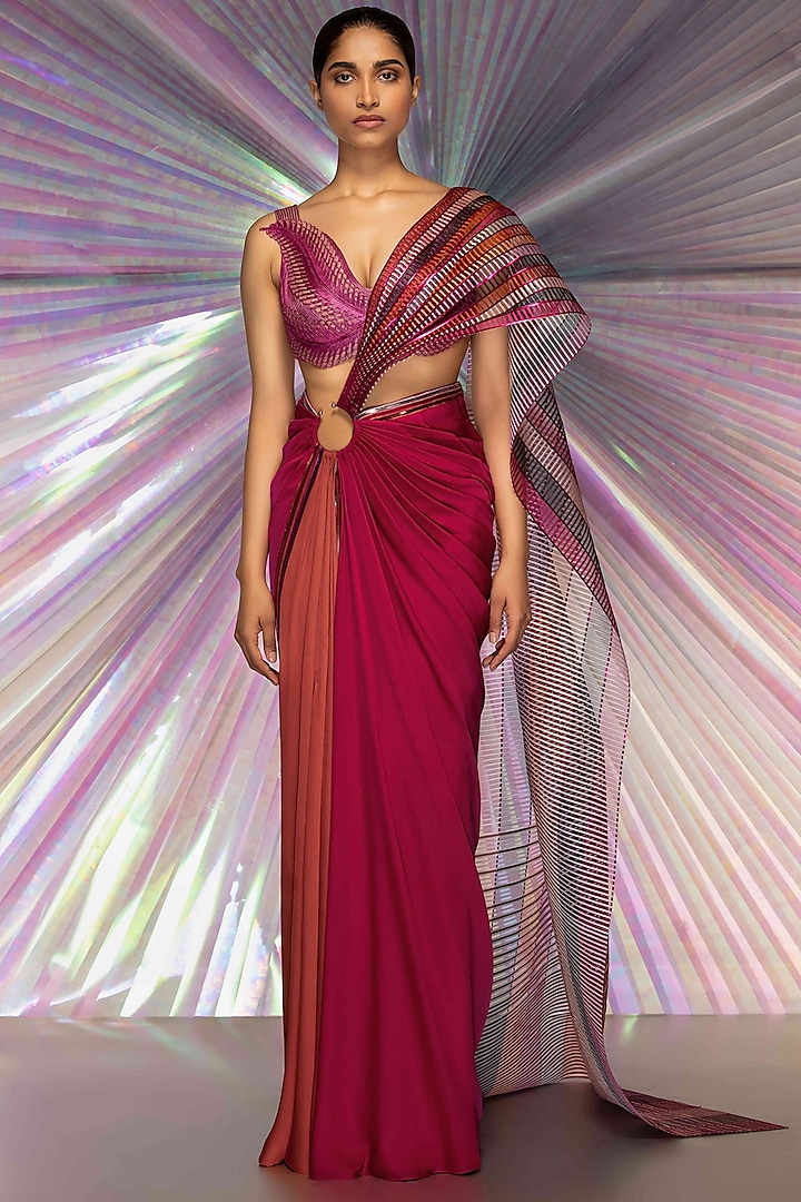 Pink Striped Structured Saree Set by Amit Aggarwal