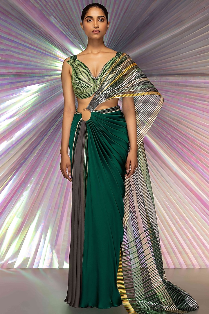 Green Striped Fabric & Chiffon Structured Saree Set by Amit Aggarwal