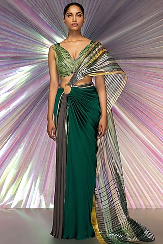 Green Striped Fabric & Chiffon Structured Saree Set by Amit Aggarwal