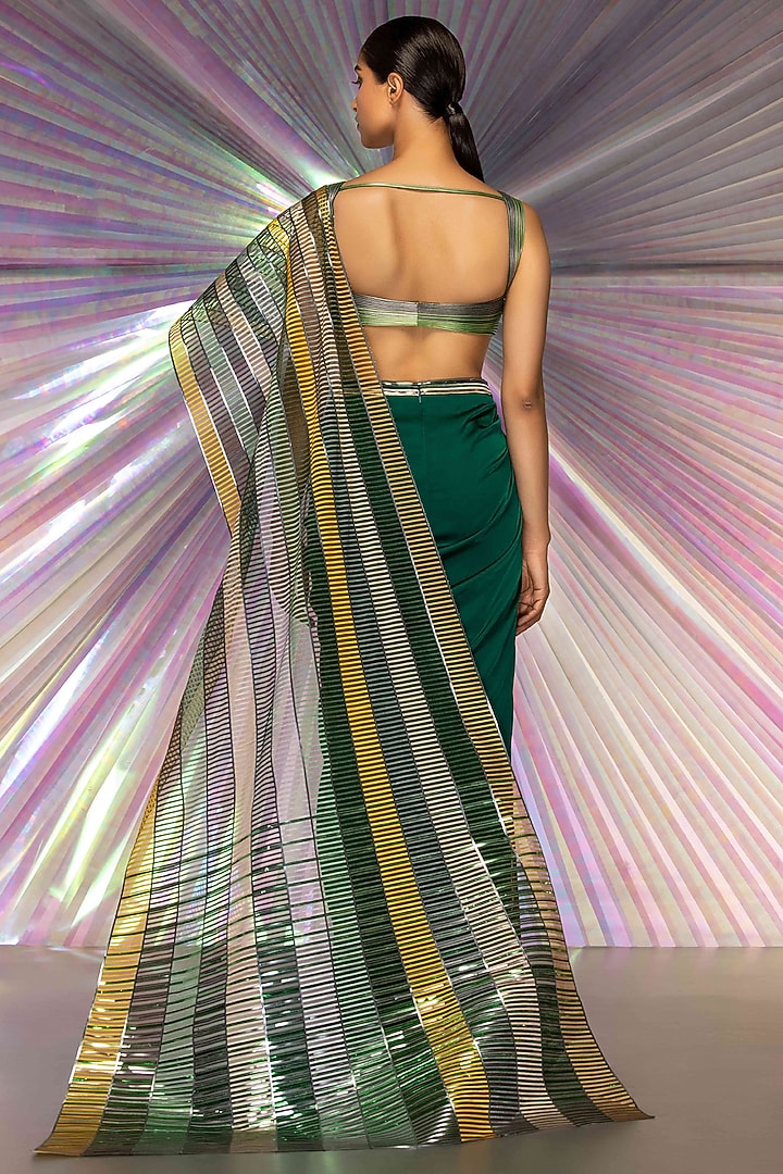 Green Striped Fabric & Chiffon Structured Reception Saree Set by Amit Aggarwal at Pernia's Pop Up Shop