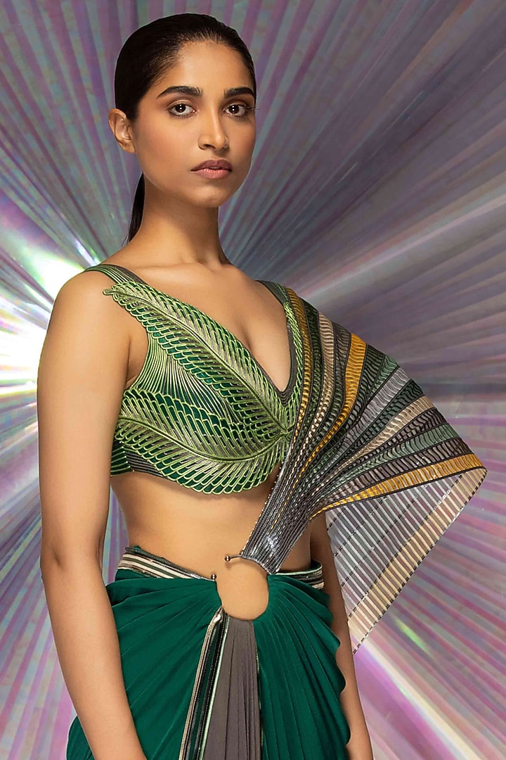 Green Striped Fabric & Chiffon Structured Reception Saree Set by Amit Aggarwal at Pernia's Pop Up Shop