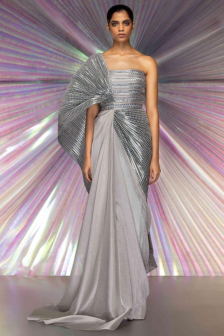 Silver Structured Saree by Amit Aggarwal