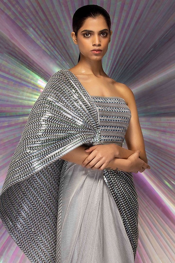 Silver Striped Fabric & Mesh Structured Reception Saree by Amit Aggarwal at Pernia's Pop Up Shop
