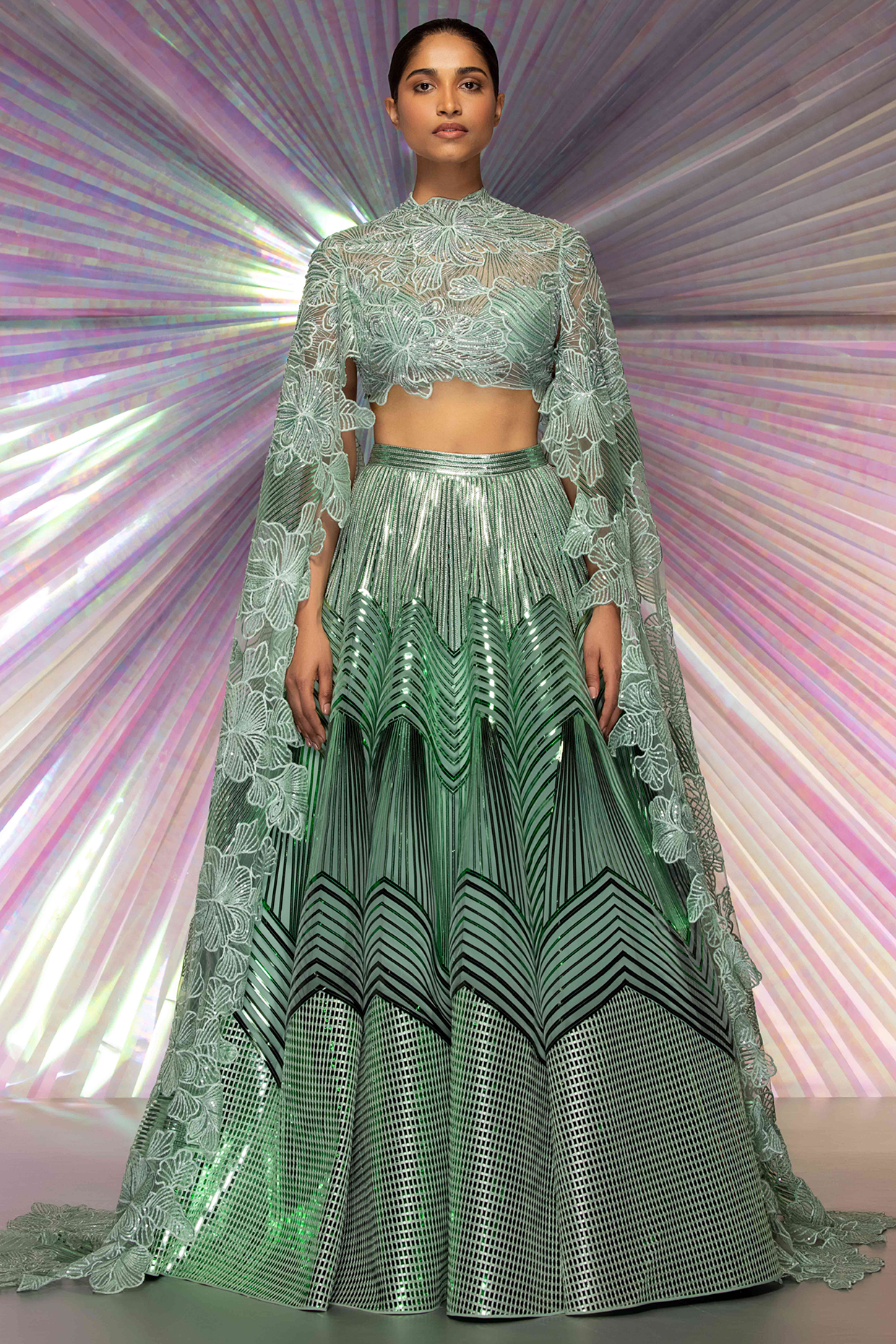 Mint Metallic Structured Bridal Lehenga Set by Amit Aggarwal at Pernia's Pop Up Shop