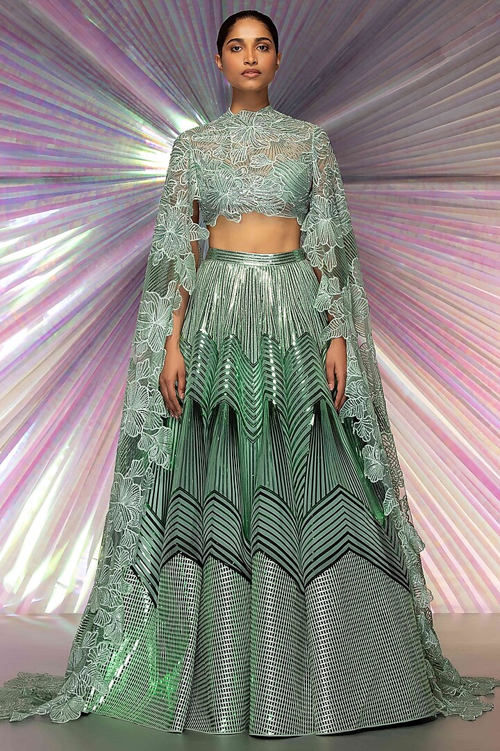 Mint Metallic Structured Bridal Lehenga Set by Amit Aggarwal at Pernia's Pop Up Shop