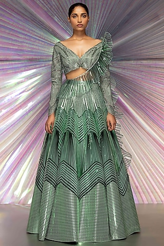 Mint Tulle & Mesh Metallic Structured Draped Lehenga Set by Amit Aggarwal
