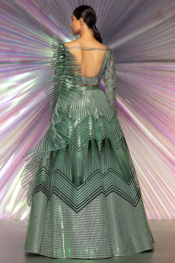 Mint Tulle & Mesh Metallic Structured Draped Bridal Lehenga Set by Amit Aggarwal at Pernia's Pop Up Shop