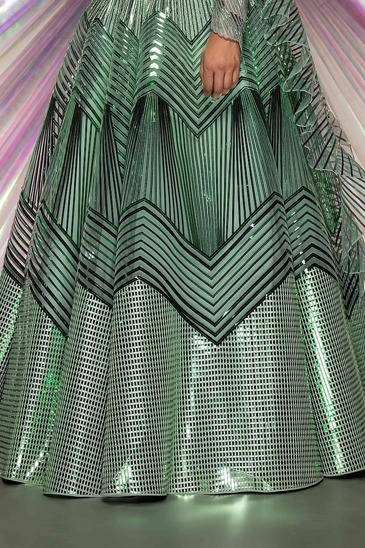 Mint Tulle & Mesh Metallic Structured Draped Bridal Lehenga Set by Amit Aggarwal at Pernia's Pop Up Shop