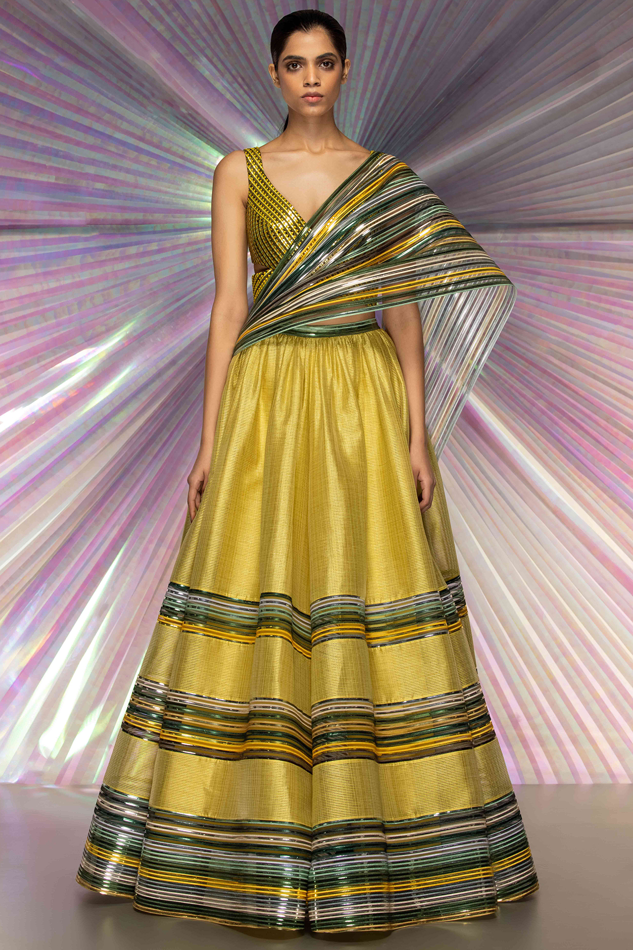 Yellow Gathered Bridal Lehenga Set by Amit Aggarwal at Pernia's Pop Up Shop