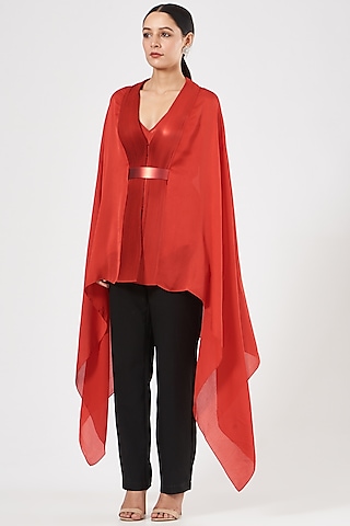 Red Chiffon Cape Set by Amit Aggarwal