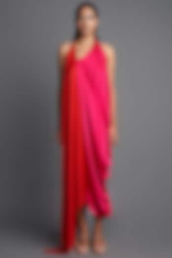 Pink & Red Asymmetrical Draped Dress by Amit Aggarwal