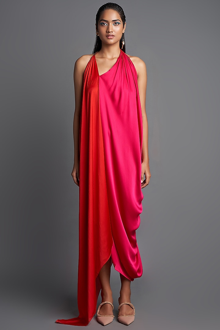 Pink & Red Asymmetrical Draped Dress by Amit Aggarwal