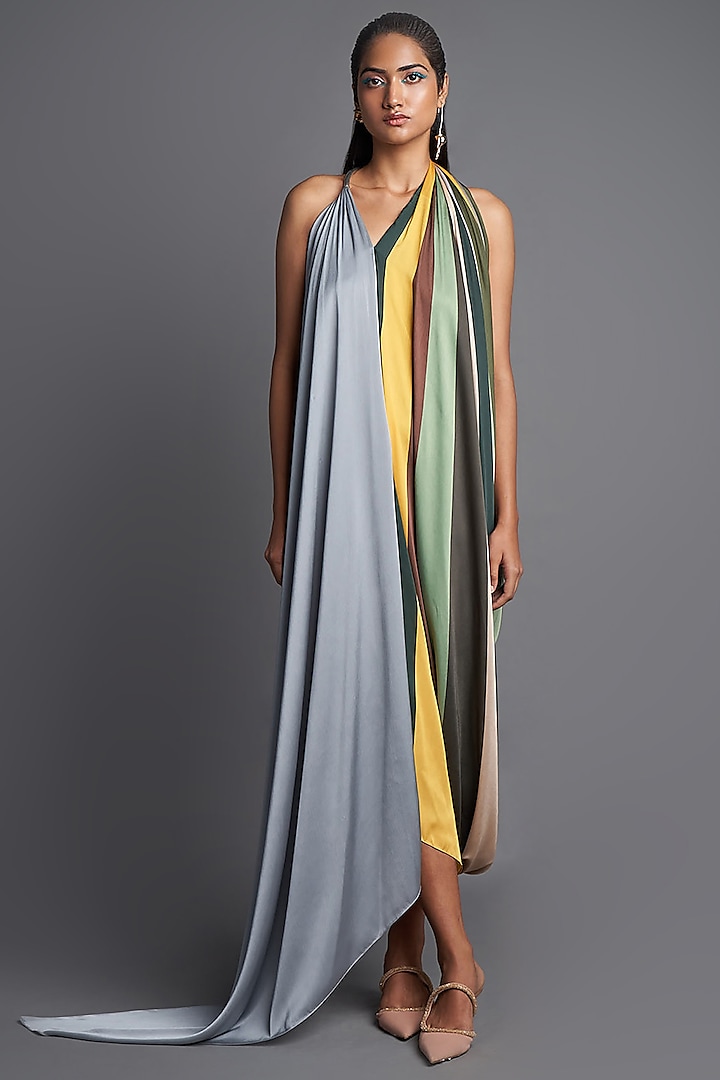 Emerald Sunray Asymmetrical Draped Dress by Amit Aggarwal