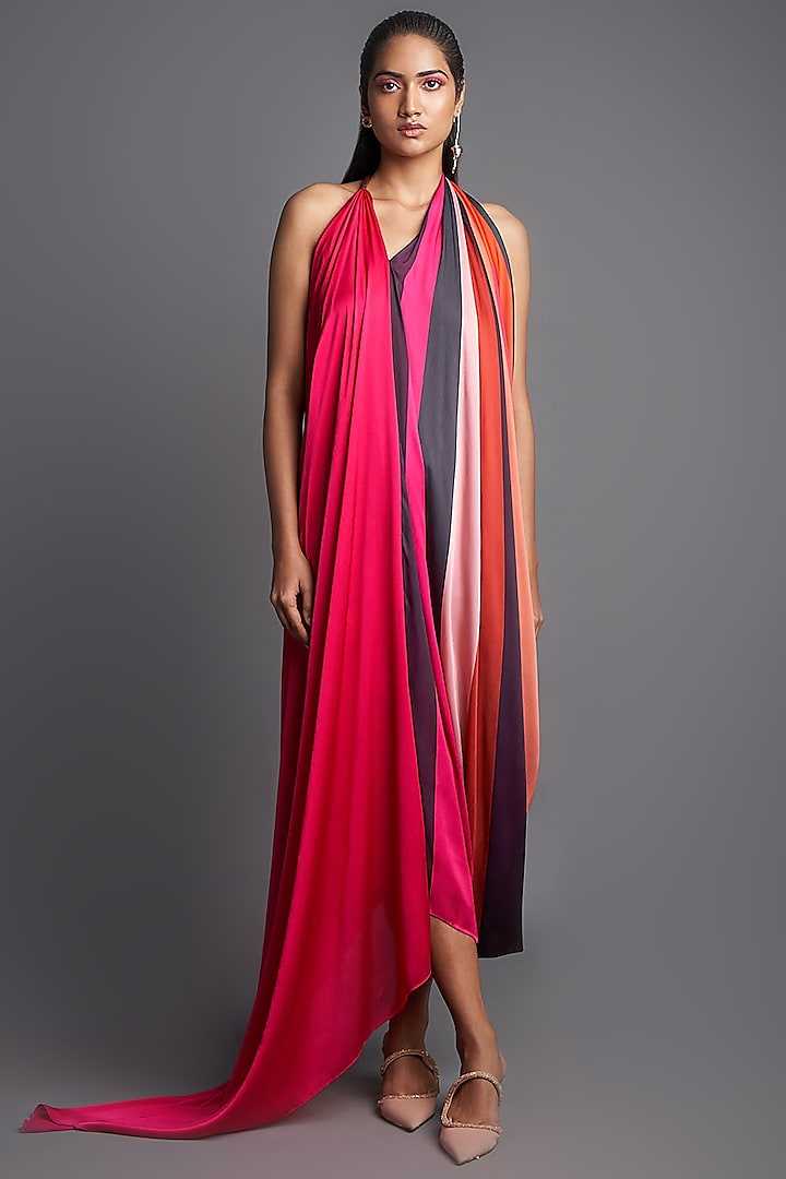 Pink Sunray Asymmetrical Draped Dress by Amit Aggarwal
