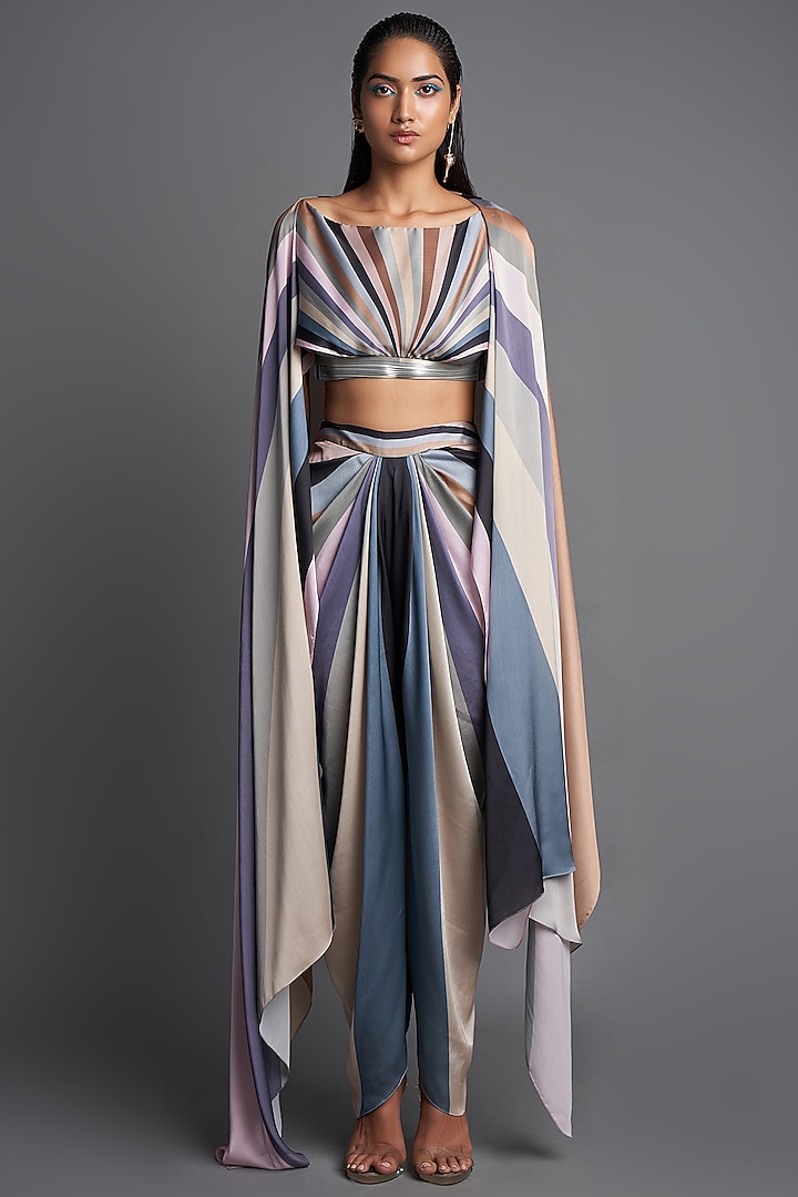 Pebble Sunray Colored Chiffon Draped Pant Set by Amit Aggarwal at Pernia's Pop Up Shop
